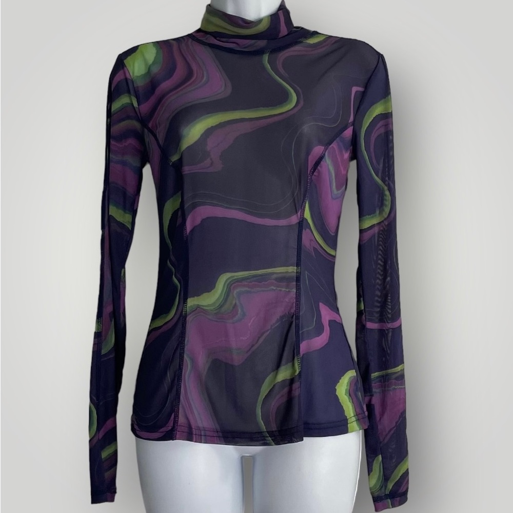 Fabletics Felicity Mesh Shirt Size Small Long Sleeve Turtleneck Psychedelic Top